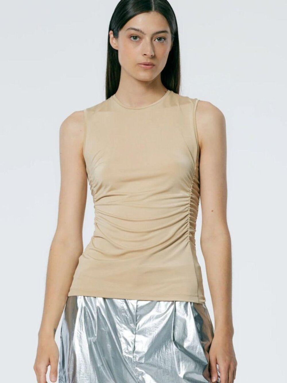 Tibi nude Micro Jersey Shirred Crewneck in XS.  #tibi #ruched